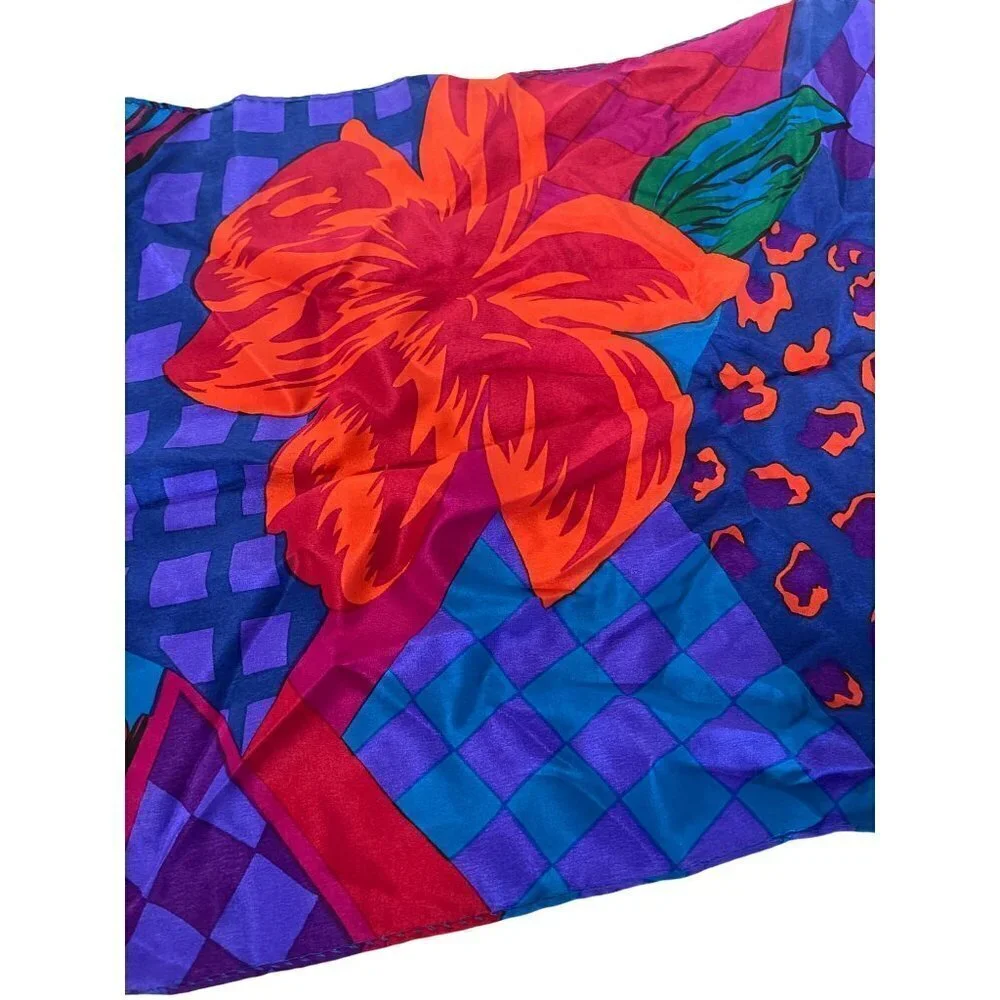 Silk Scarf Purple Blue Pink Floral Rectangular Scarf 52